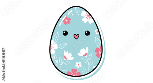 Cute kawaii style Easter egg illustration with a light blue floral pattern and a sweet, happy face.
