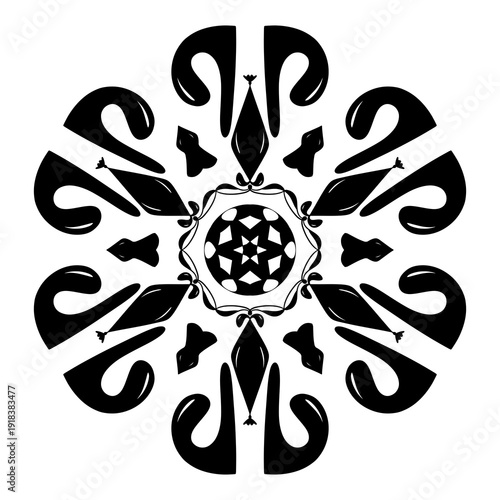 Mandala abstrata preto e branco com ovais simétricos olhos estilizados, formas arredondadas hipnóticas e centro equilibrado, ótima para arte terapêutica mindfulness e decoração zen.
