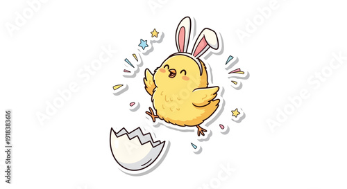 A cheerful cartoon yellow chick wearing bunny ears, jumping out of a broken eggshell with stars and confetti, celebrating Easter or spring.