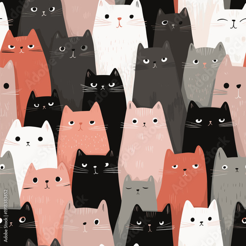Cute cat pattern creating seamless animal background texture. Many cute cats with different expressions forming a seamless animal pattern