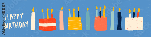 Birthday cake with ten candles and happy birthday text. Illustrated birthday cake with ten lit candles and Happy Birthday message on blue background