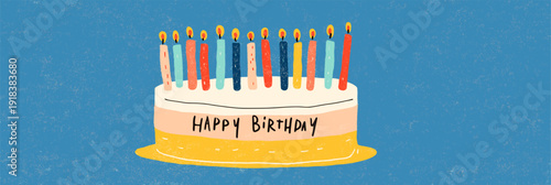 Birthday cake with ten candles and happy birthday text. Illustrated birthday cake with ten lit candles and Happy Birthday message on blue background