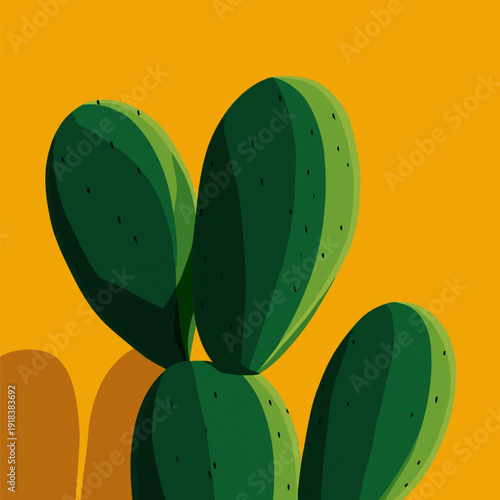 Nopal cactus pads growing with vibrant yellow background. Nopal cactus pads featuring simple graphic shape and casting shadow on yellow wall
