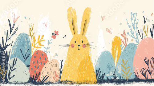 Happy Easter bunny finding colorful eggs in spring field banner. Cute bunny standing among pastel colored Easter eggs and stylized spring plants