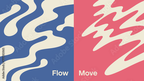 An abstract composition features flowing organic shapes in shades of blue and red bisected vertically with the words flow and move high quality professional detailed modern