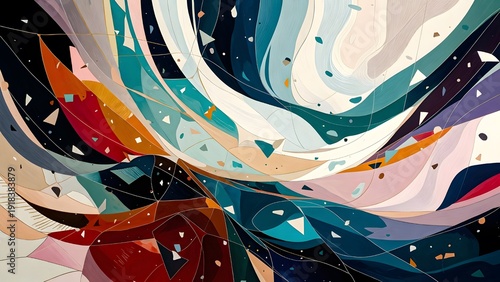 Dynamic abstract composition with swirling, colorful ribbons and scattered geometric fragments creating a vibrant mosaic.