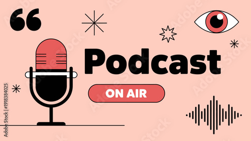 This graphic features a podcast advertisement with a microphone eye sparkles and quotation marks against a soft pink background high quality professional detailed modern elegant stylish