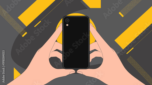 A stylized illustration depicts a smartphone held between two hands set against a geometric yellow and gray background high quality professional detailed modern elegant stylish clean