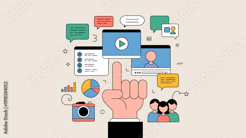 A colorful illustration depicts digital communication and video conferencing featuring a hand pointing towards a laptop screen with people high quality professional detailed modern elegant stylish