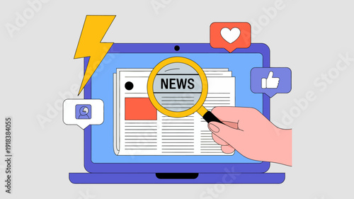 A flat design illustration depicts a laptop screen surrounded by social media icons highlighting news consumption and digital interaction high quality professional detailed modern elegant stylish