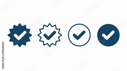 Four dark blue icons are displayed in a row each containing a white checkmark signifying approval or completion high quality professional detailed modern elegant stylish clean