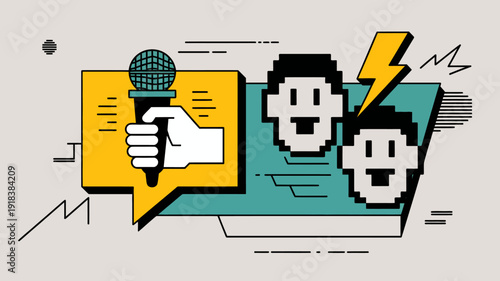 A vibrant pixelated illustration depicts a hand giving a thumbs up to a microphone alongside electrical and digital icons high quality professional detailed modern elegant stylish