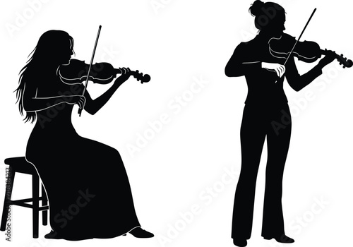 Silhouette of talented women playing violin in sitting and standing poses, musical performance concept for classical music, artistic talent and entertainment.