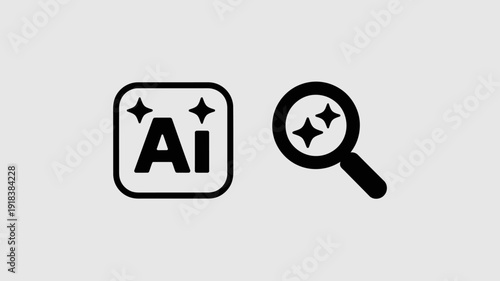 A minimalist graphic depicts artificial intelligence and search featuring a stylized ai symbol within a square and a magnifying glass high quality professional detailed modern elegant