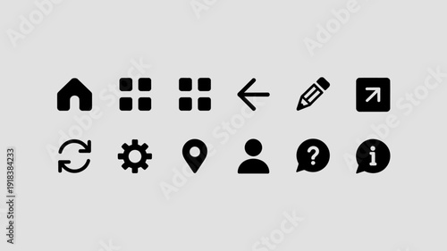 A collection of simple black glyph icons representing common interface elements and actions set against a light gray background high quality professional detailed modern elegant stylish