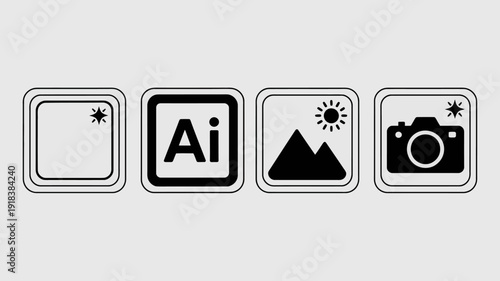 A series of square black and white icons are displayed representing different functions or features including ai and photography high quality professional detailed modern elegant stylish
