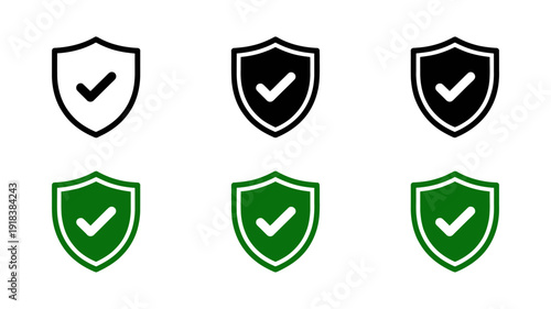 A collection of six shield icons three in black and three in green each featuring a prominent checkmark symbol high quality professional detailed modern elegant stylish