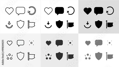 A grid displays variations of minimalist communication icons including hearts speech bubbles and paperclip symbols in different shades high quality professional detailed modern elegant stylish clean