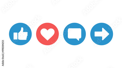 A row of four circular social media icons displays a like heart comment and share symbol in blue and red high quality professional detailed modern elegant