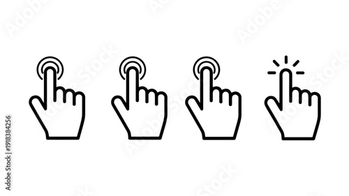 A series of four hand icons illustrate different pressing actions ranging from a gentle touch to a firm tap high quality professional detailed modern elegant stylish