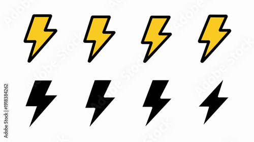 This image displays a grid of cartoon lightning bolts featuring both yellow and black variations against a plain white background high quality professional detailed modern elegant