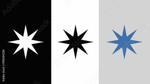 A vertical triptych displays three panels each featuring a stylized eight pointed star in differing color schemes high quality professional detailed modern elegant stylish clean crisp
