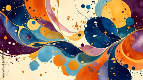 A whimsical abstract watercolor background featuring colorful liquid swirls, energetic paint splatters, and elegantly outlined golden decorative elements.