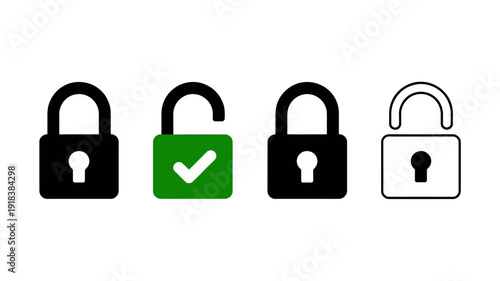 Four padlock icons are displayed showcasing variations in lock status locked unlocked secured and open in black and white high quality professional detailed modern elegant stylish
