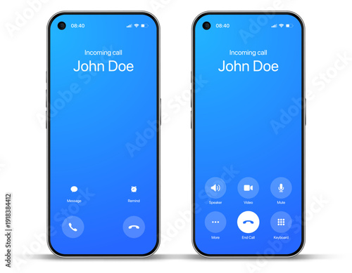 Voice call screen. Mockup incoming call, voicemail screen, smartphone interface vector UI UX template for application. New Call screen template. Mobile app display template. Vector illustration.