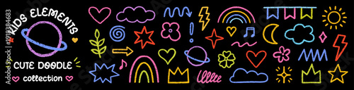 Chalk kids elements, crayon pencil preschool kindergarten doodle icons set. Hand drawn cute daycare and children drawings, childish scribble rainbow, stars, flower, crown in sketch style