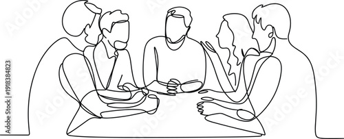 Five people sitting around a table in a business meeting with hands clasped and engaged in discussion