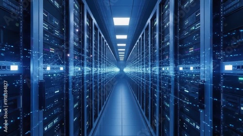Futuristic Data Center Blue Server Racks Cloud Computing  Global Network Technology.