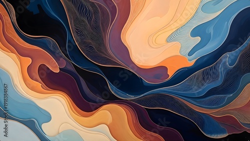 Elegant abstract fluid art features gracefully layered waves with shimmering gold textured patterns, showcasing deep blues and warm oranges.