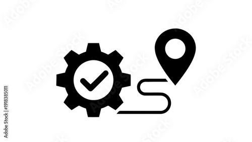 Vector illustration of process completion and successful location tracking icon with gear and map pin on a transparent background