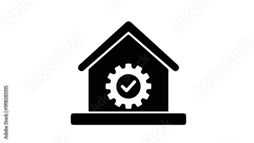 Vector illustration of house with gear and check mark inside, symbolizing home maintenance, repair, or quality service on a transparent background
