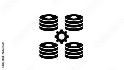 Vector illustration of database cluster management icon with four disks and central gear symbol on a transparent background