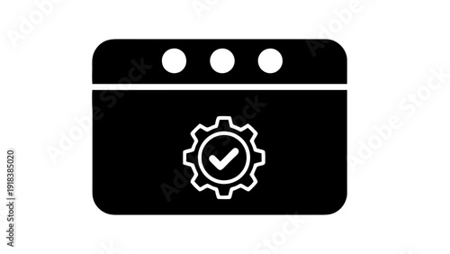 Vector illustration of application window with gear icon and checkmark, system settings and successful configuration concept, simple black and white icon on a transparent background