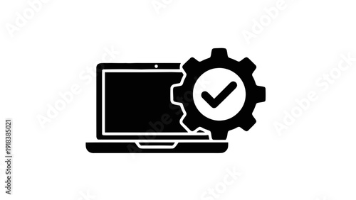 Vector illustration of laptop with gear and checkmark icon, symbolizing successful computer maintenance, setup, or technical support service on a transparent background