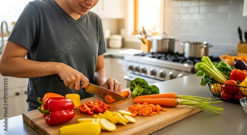 Woman preparing fresh vegetables for a healthy meal in a bright kitchen.