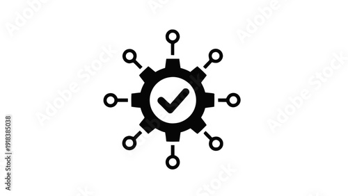 Vector illustration of gear with checkmark inside, connected to network nodes, concept of successful process or system integration on a transparent background