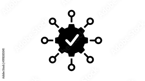 Vector illustration of black icon of a gear with a checkmark inside, connected to several nodes, representing process verification or system integration on a transparent background