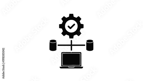 Vector illustration of database synchronization process with gear icon and checkmark on laptop screen on a transparent background
