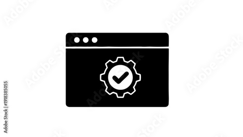 Vector illustration of web browser window with gear icon and checkmark inside, symbolizing successful configuration or system settings update on a transparent background