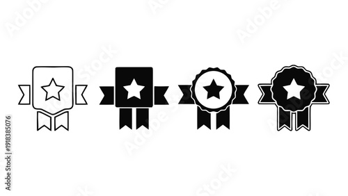 Vector illustration of set of four ribbon award badges with star inside, outline and solid icons, vector illustration on a transparent background