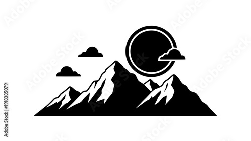 Vector illustration of black and white mountain range silhouette with sun and clouds icon vector graphic on a transparent background