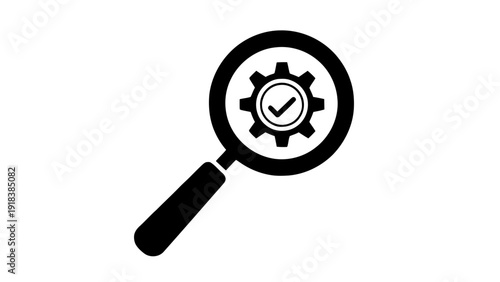 Vector illustration of magnifying glass over a gear with a checkmark inside, symbolizing quality control, inspection, or successful search results on a transparent background