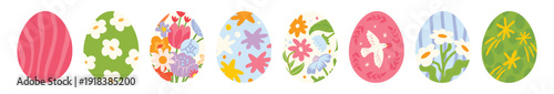 Cute set of Easter eggs vector set with colorful hand-painted patterns. Spring collection of decorated eggs with dots, stripes, flowers, hearts and bunny shapes. Perfect for cards, stickers