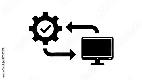 Vector illustration of gear with checkmark icon exchanging data with computer monitor, symbolizing successful process or system update on a transparent background