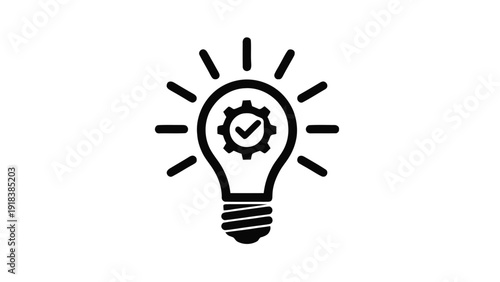 Vector illustration of black and white icon of a light bulb with a gear and checkmark inside, symbolizing successful idea or innovation on a transparent background