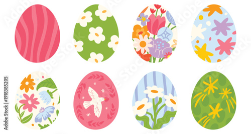 Cute set of Easter eggs vector set with colorful hand-painted patterns. Spring collection of decorated eggs with dots, stripes, flowers, hearts and bunny shapes. Perfect for cards, stickers